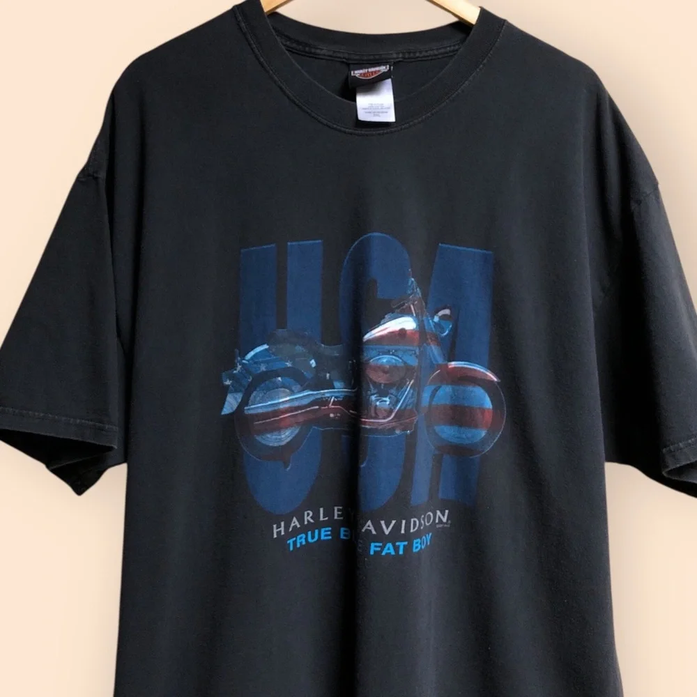 Vintage Y2K 2000-2001 Harley Davidson True Blue Fat Boy USA T-shirt MENS 2XL